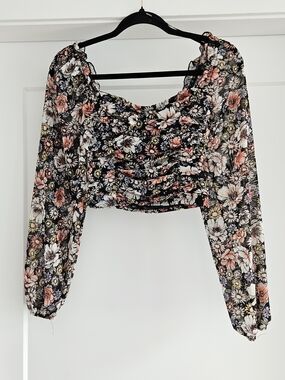Forever 21 Black Floral Smocked Crop Top with Coral & Cream Flowers